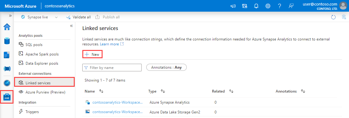 链接服务屏幕的屏幕截图，其中显示了现有服务的列表，并突出显示了“添加新”按钮。