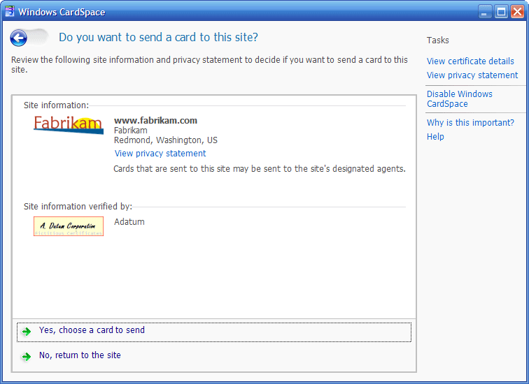 选择 Windows CardSpce 卡