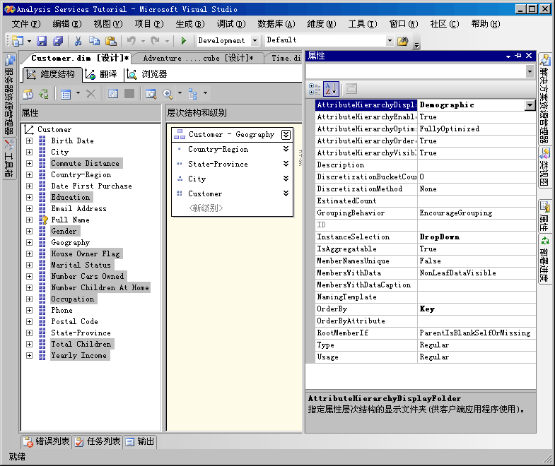 在“维度结构”选项卡上选择的属性