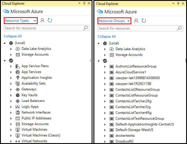 Cloud Explorer resource views comparison