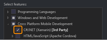 Cross-Plat Xamarin Setup 2 Select the Xamarin option under Cross-Platform Mobile Development