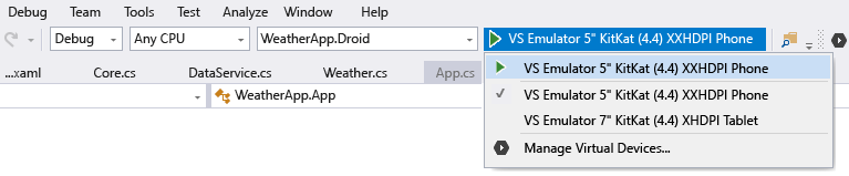 CrossPlat Xamarin FormsGuide 7 Selecting a VS Emulator debug target