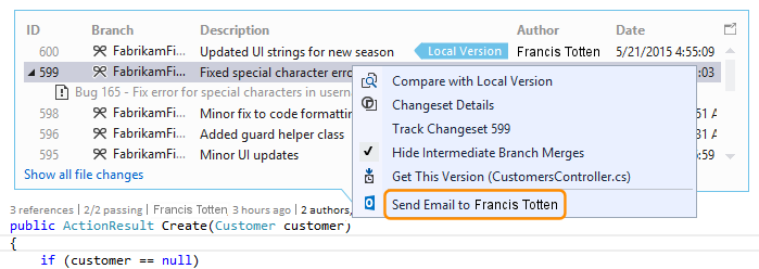 CodeLensCodeSendMailChangesetNoLync1 CodeLens - Contact changeset owner by mail