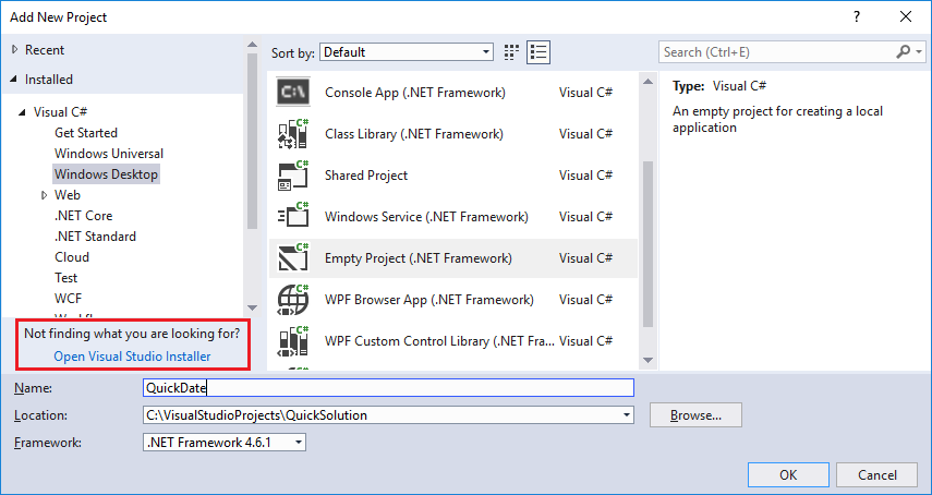 The Open Visual Studio Installer link in the Add New Project dialog in Visual Studio 2017. Screenshot that shows the Open Visual Studio Installer link.