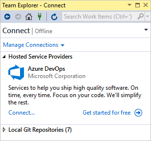 The Team Explorer - Connect page in Visual Studio Connect page in Team Explorer