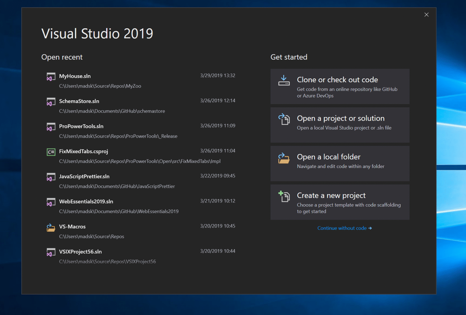The 'Git-first' experience in Visual Studio 2019. An animation of the 'Git-first' experience in Visual Studio 2019