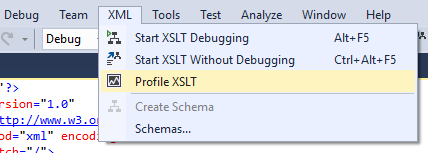 Screenshot of the XML menu items in Visual Studio 2017 XSLT Profiler