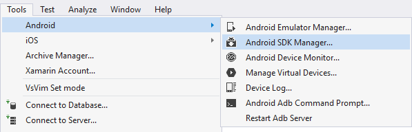 如何在 Visual Studio 中启动 Android SDK 管理器