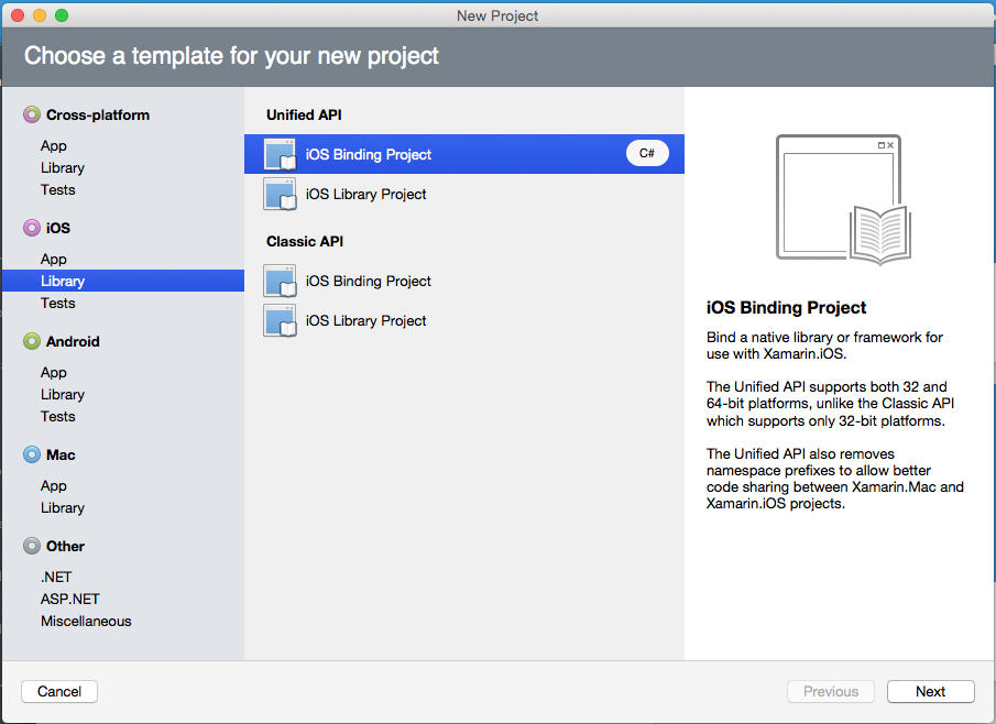 在“新建解决方案”对话框中,选择“iOS”/“Unified API”/“iOS 绑定项目”