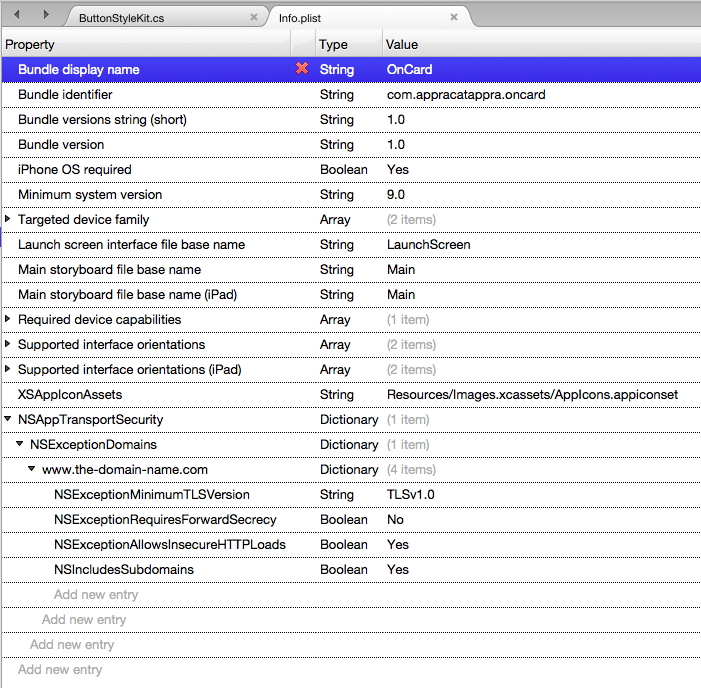 添加指定键后 Info.plist 文件的源视图。