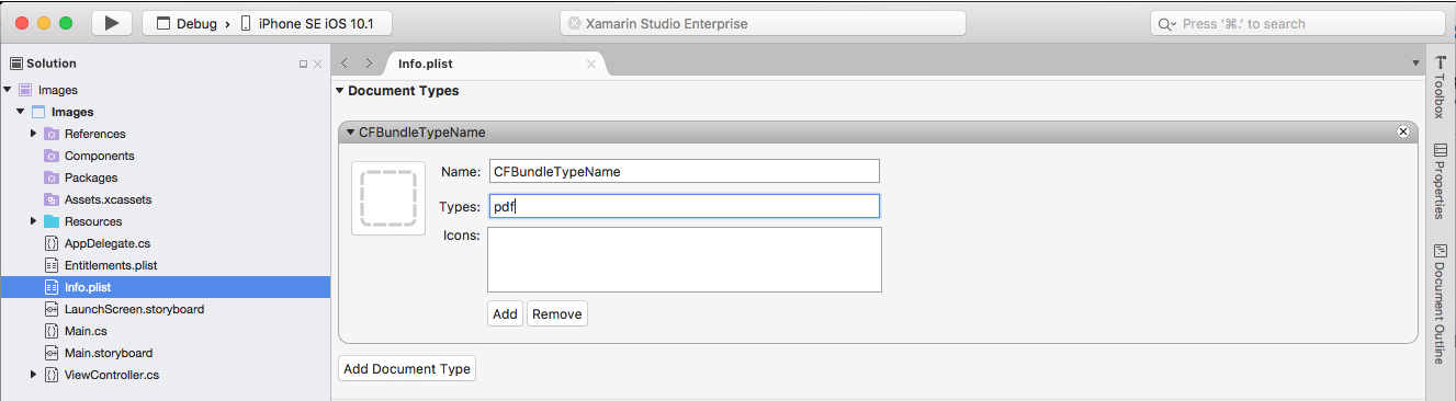 Info.plist 编辑器上“高级”选项卡下的“文档类型”部分