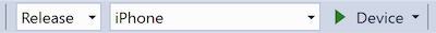 Visual Studio 工具栏的屏幕快照,其中显示“解决方案配置”设置为“发布”,“解决方案平台”设置为“iPhone”,“目标”设置为“设备”。 Visual Studio 工具栏的屏幕快照,其中显示“解决方案配置”设置为“发布”,“解决方案平台”设置为“iPhone”,“目标”设置为“设备”。