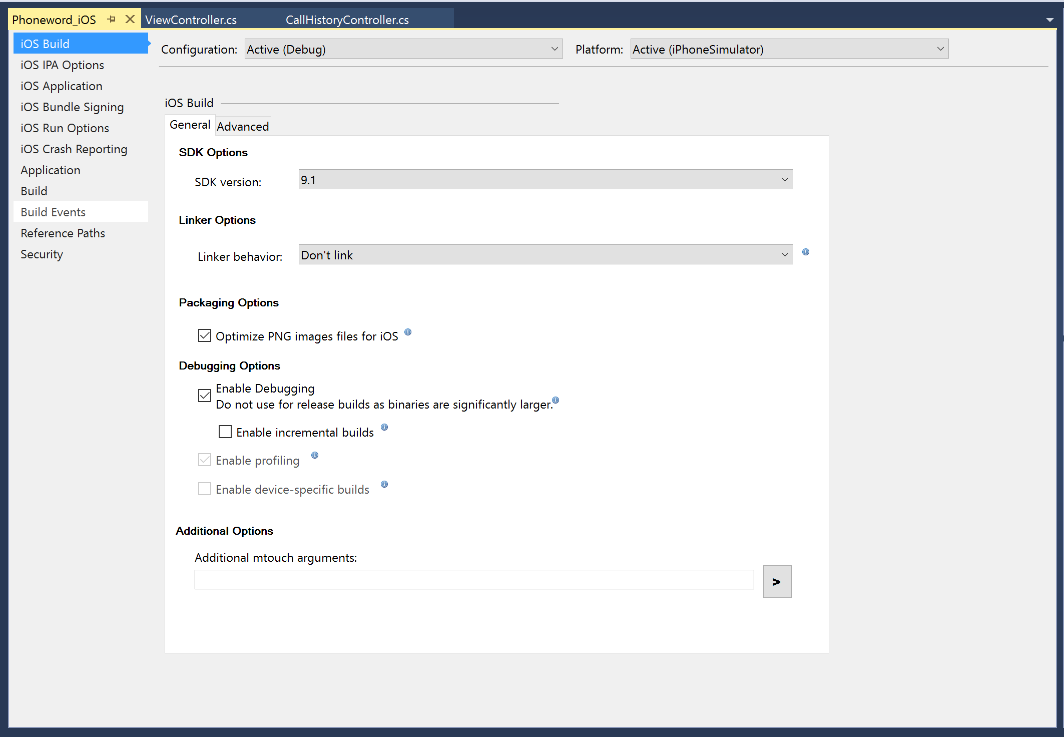 The Projects iOS Build properties page for Visual Studio.