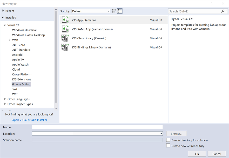 选择“iOS 应用 (Xamarin)”项目类型 选择“iOS 应用 (Xamarin)”项目类型