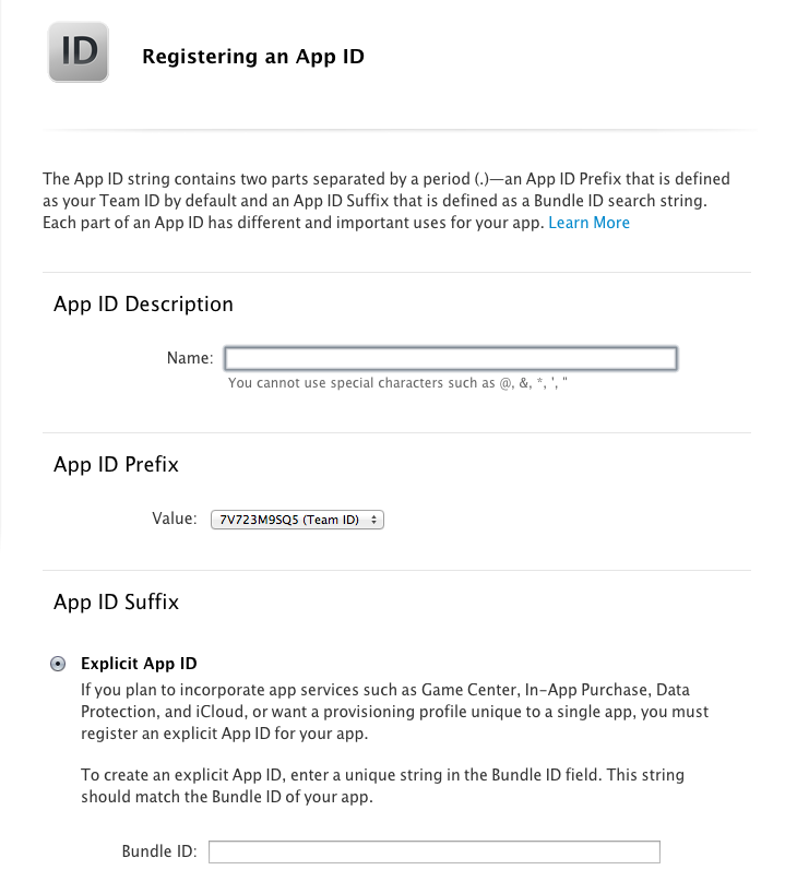 The form for creating new App IDs