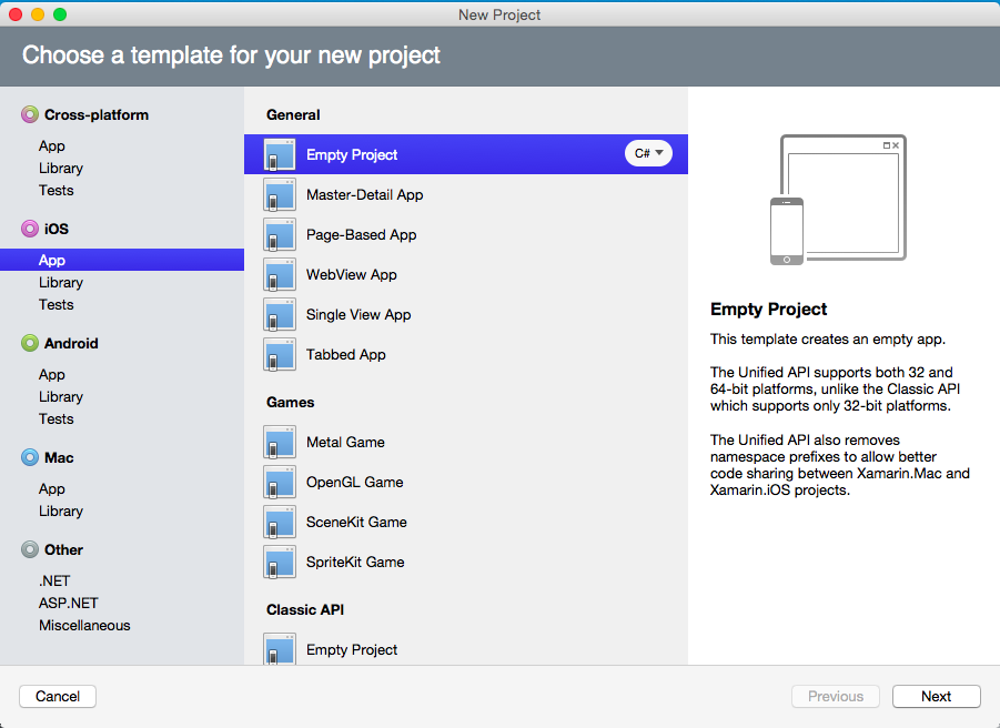 选择空项目模板