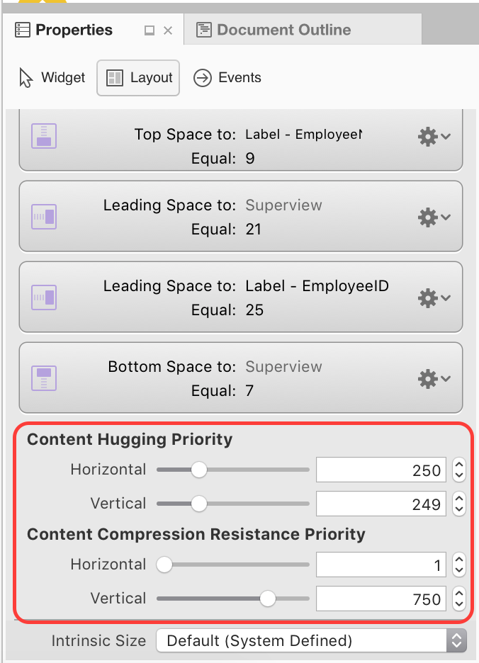 Properties Pad 的“布局”部分