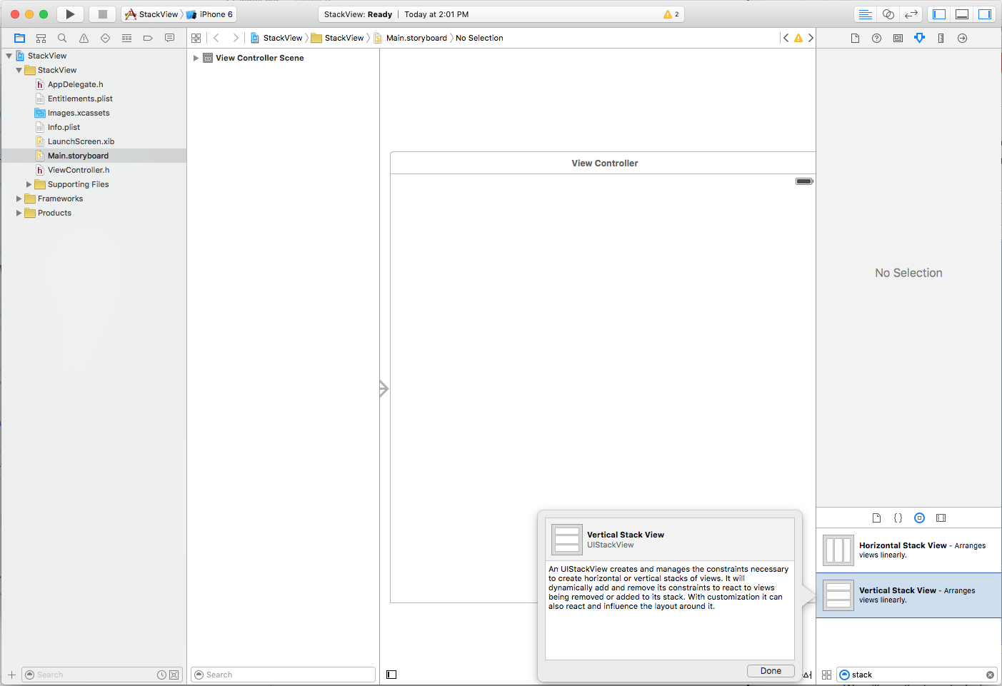 将单个垂直堆栈视图拖动到视图控制器上