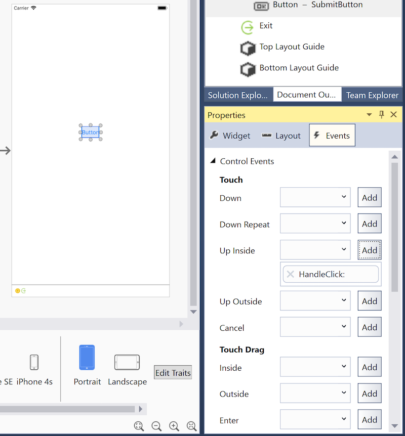 The Properties Window, with an event handler set for a button The Properties Window, with an event handler set for a button