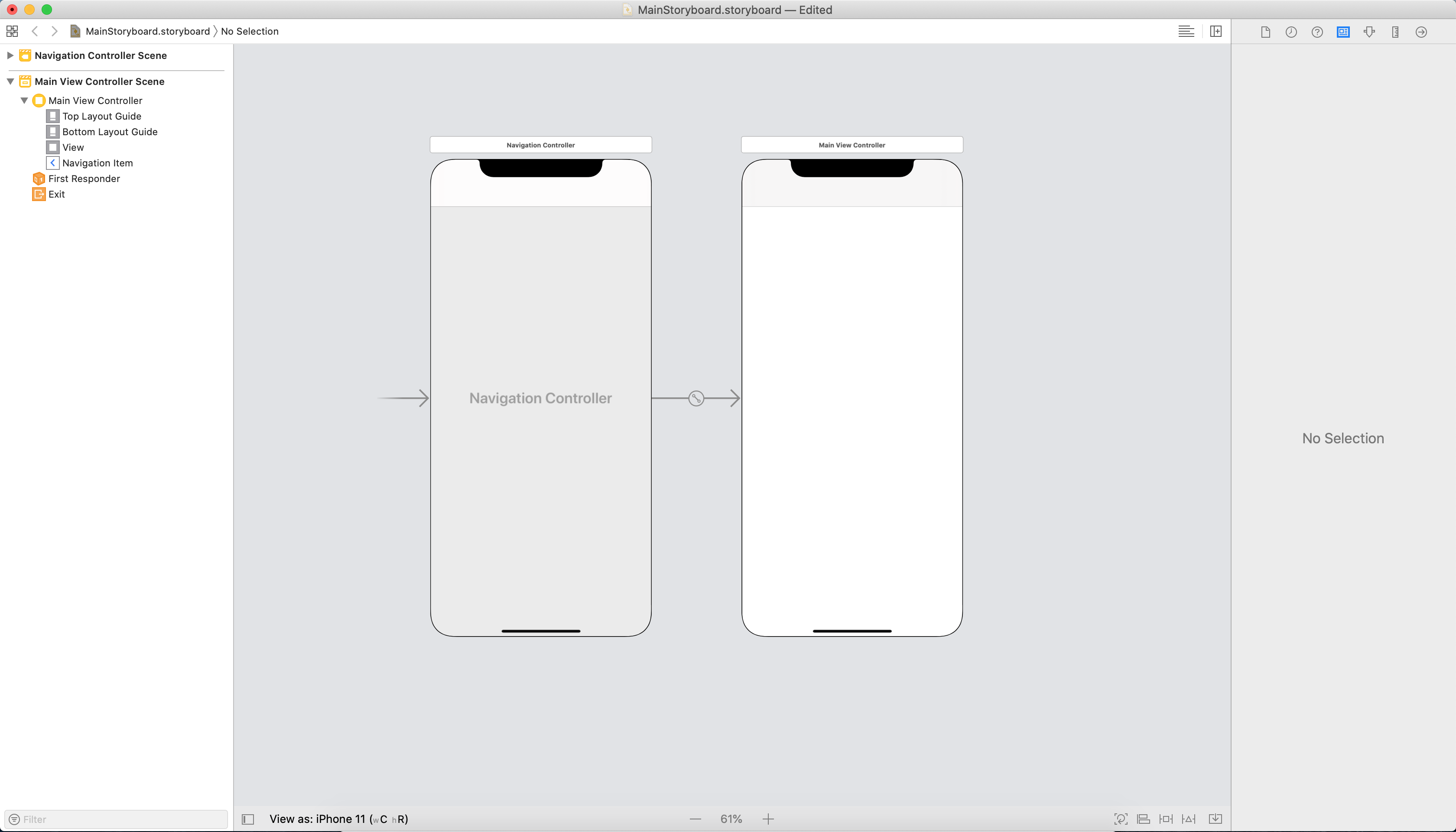 从库中添加 NavigationController,并将 MainViewController 设置为根视图控制器