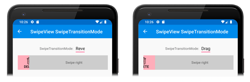 Android 上的 SwipeTransitionModes Android 上的 SwipeView SwipeTransitionModes 的屏幕截图