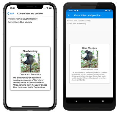 带有当前项和之前的项的 CarouselView iOS 和 Android 上带有之前的项和当前项的 CarouselView 的屏幕截图