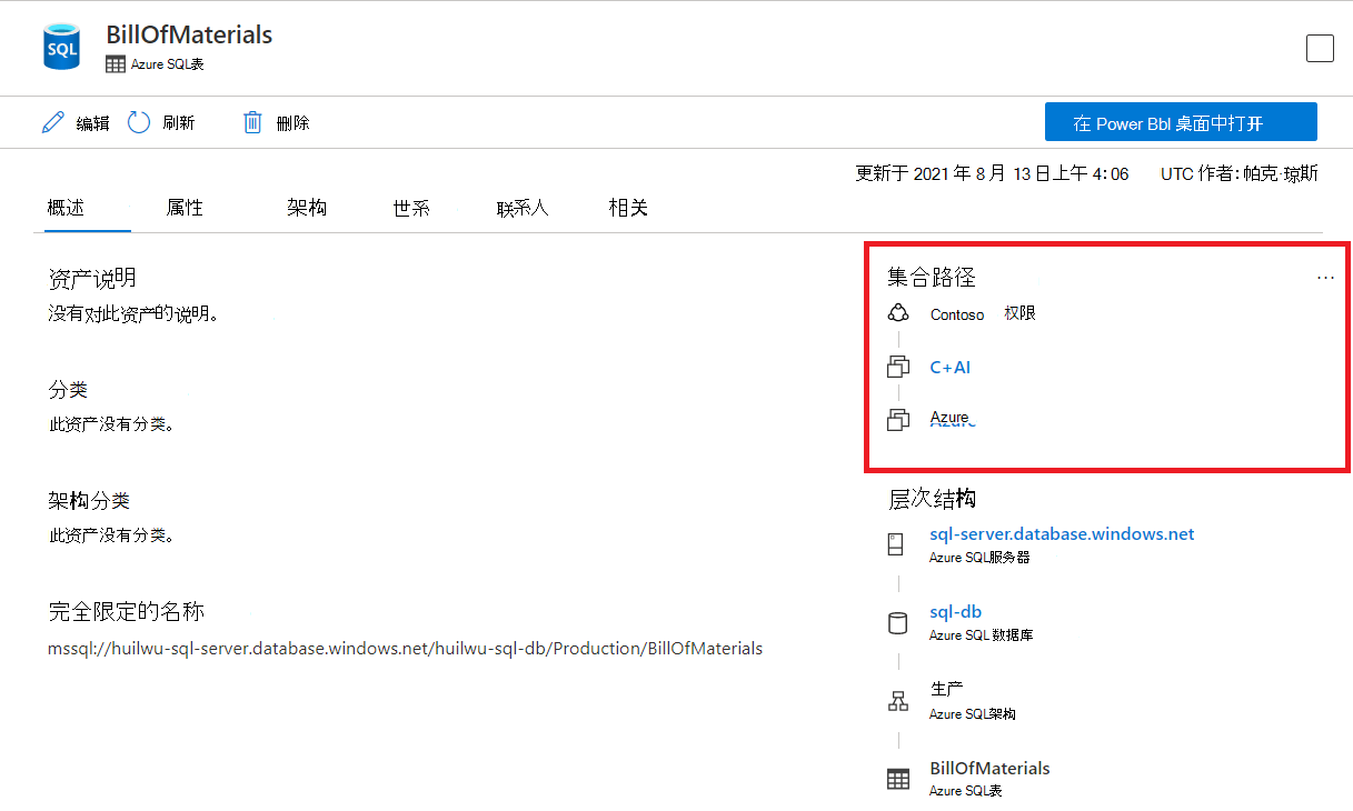 Microsoft Purview 门户资产窗口的屏幕截图，其中突出显示了集合路径。