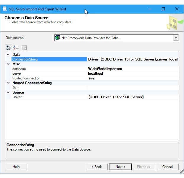 SQL Server 导入和导出向导“选择数据源”菜单的屏幕截图。