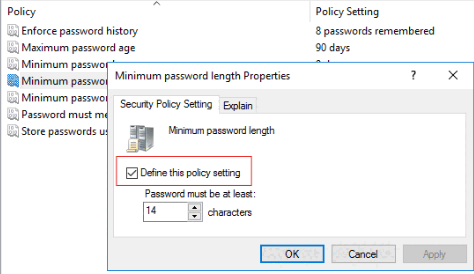 最小密码长度安全策略设置的屏幕截图。