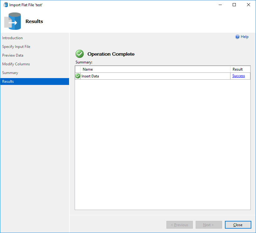 “导入平面文件向导结果”菜单的屏幕截图。
