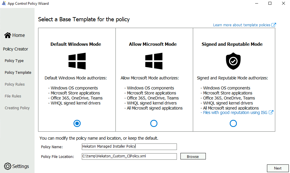 WDAC 基本模板屏幕的屏幕截图。