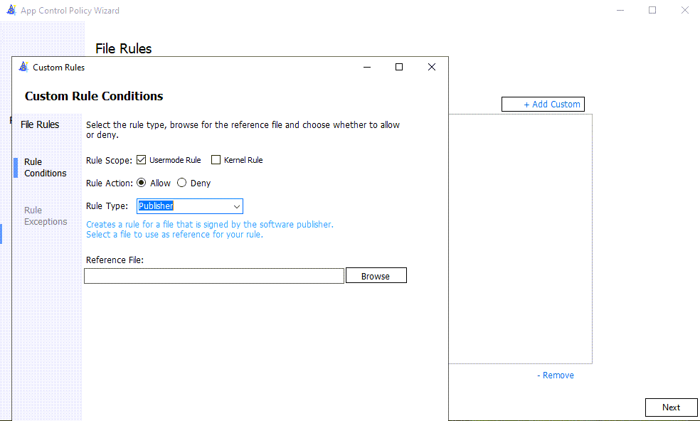 WDAC 自定义策略屏幕的屏幕截图。