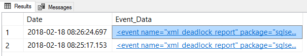 system_health XEvent 查询结果的 SSMS 的屏幕截图。