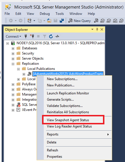 快捷菜单上的“查看快照代理状态”命令的屏幕截图。