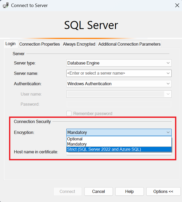 SQL Server Management Studio 中“连接到服务器”对话框的屏幕截图。