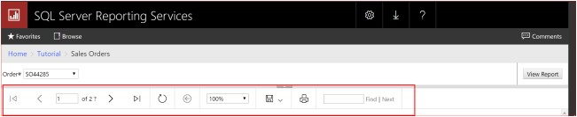 Web 门户中报表工具栏的屏幕截图。