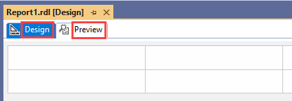 报表设计器设计图面的屏幕截图。突出显示了报表定义文件的“设计”和“预览”选项卡。