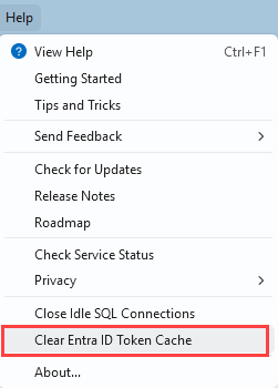 “帮助”菜单的屏幕截图，其中红色突出显示了“清除 Entra ID 令牌缓存”选项。