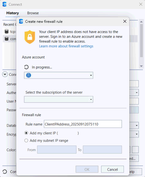 SSMS 中“创建新防火墙规则”对话框的屏幕截图。