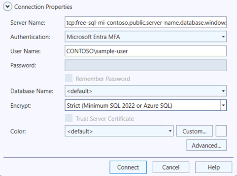Azure SQL 的连接对话框的屏幕截图。