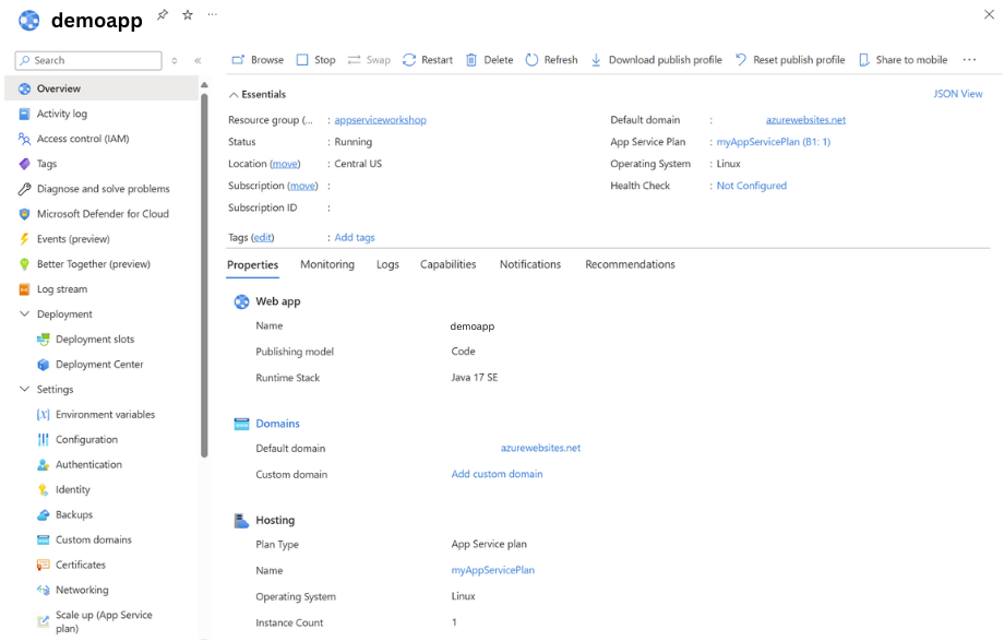 显示 Azure 应用服务页的 Azure 门户的屏幕截图。