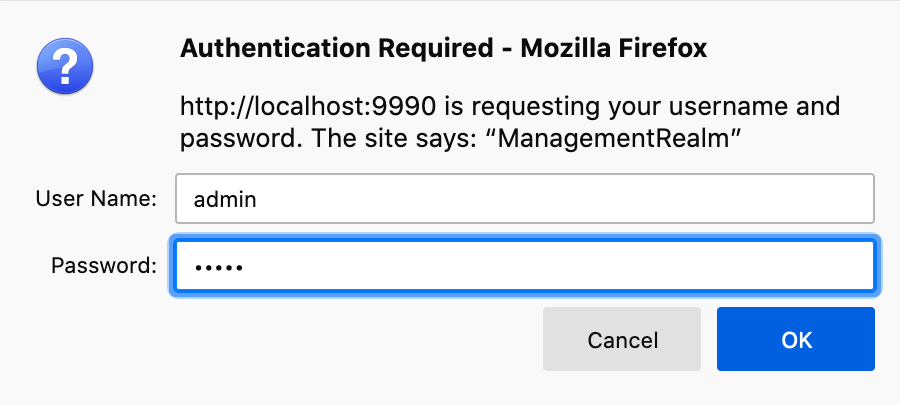 管理控制台的身份验证对话框的屏幕截图。