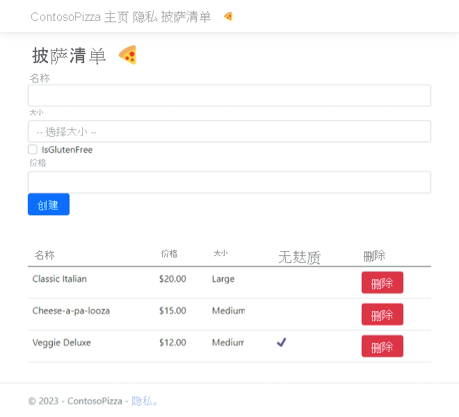 包含新披萨表单的 PizzaList 页面的屏幕截图。