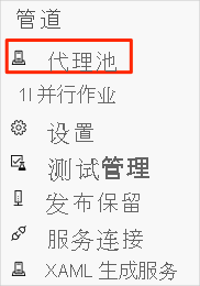 此屏幕截图显示了 Azure DevOps 中的项目设置，其中显示“Agent pools”菜单项的位置。