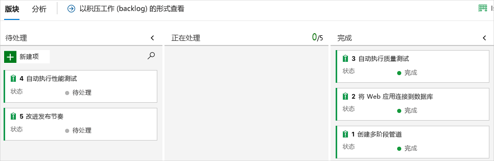 Azure Boards 的屏幕截图，显示了“已完成”列中的卡片。