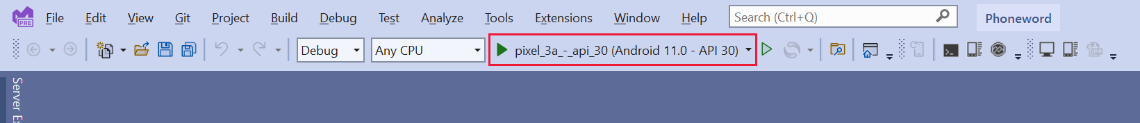 Visual Studio 工具栏的屏幕截图。图中显示选中了 pixel 7 a p i 35 配置文件，并准备好在用户按下“开始”按钮后立即开始调试。