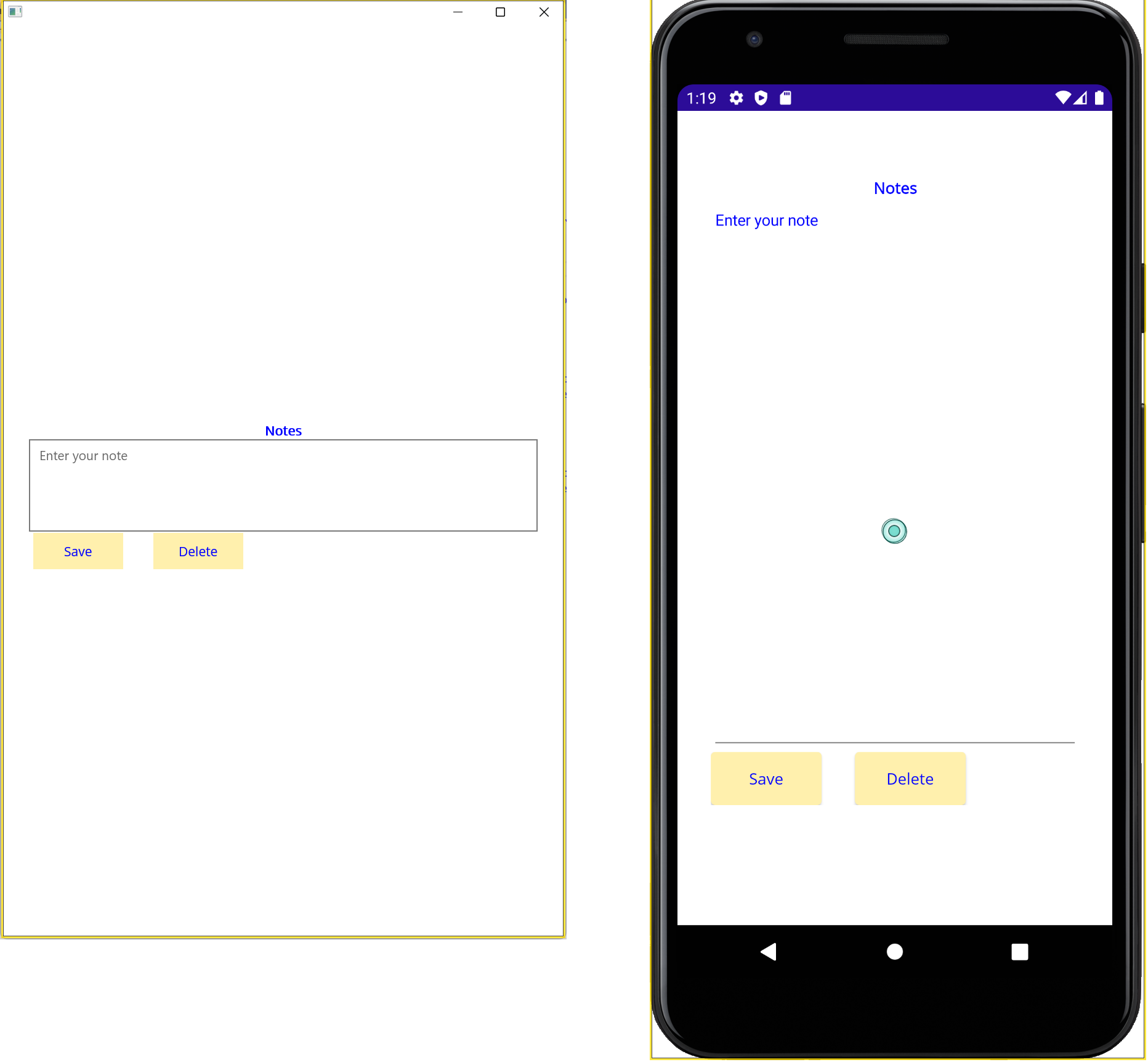 Windows 和 Android 上运行的 Notes 应用的屏幕截图。