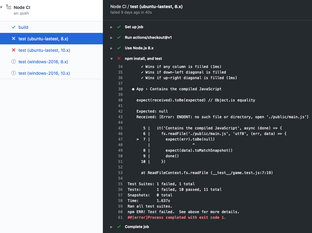 GitHub Actions 日志的屏幕截图，其中包含有关失败的测试的详细信息。