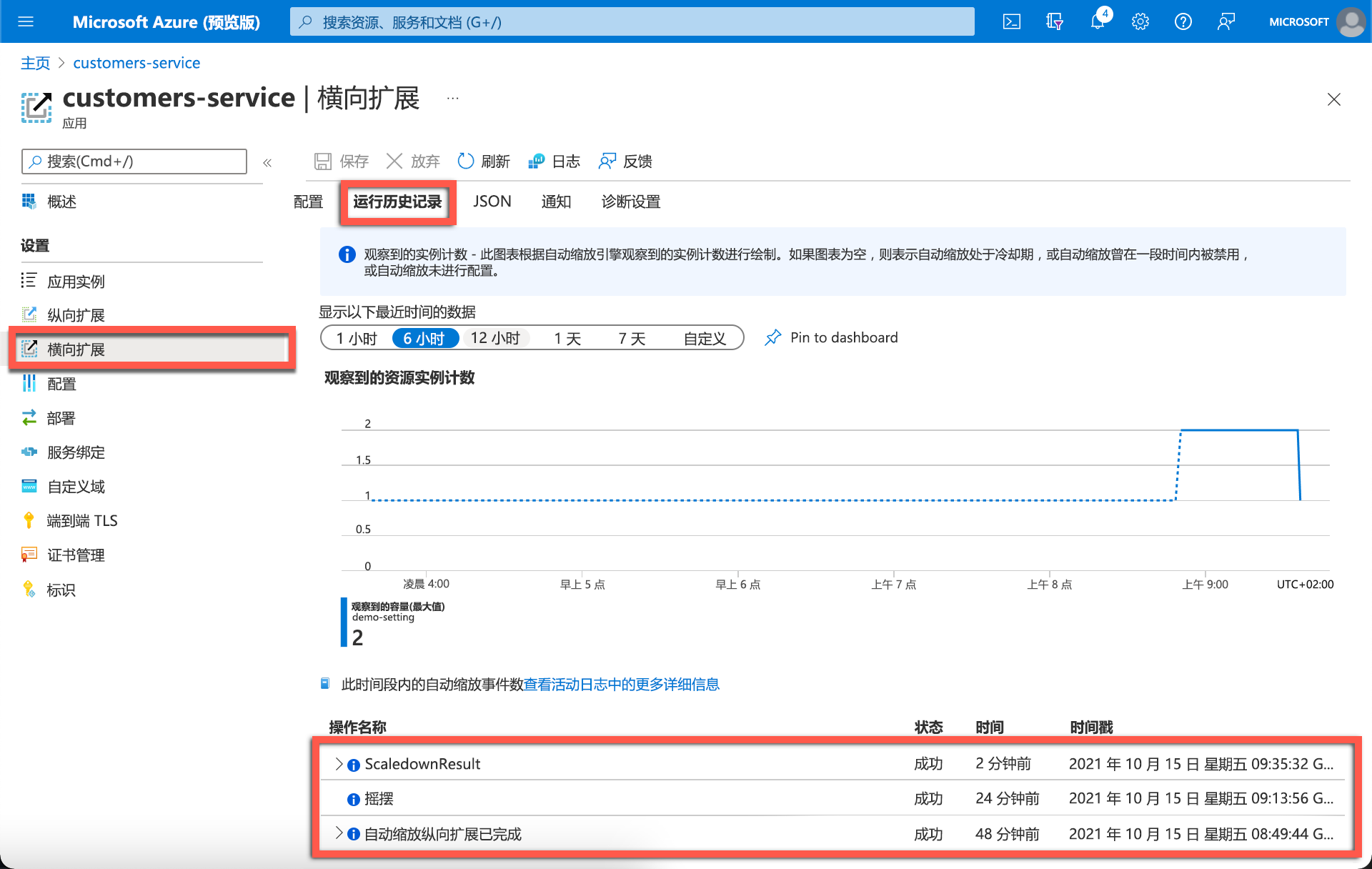 Azure 门户中自动缩放运行历史记录的屏幕截图。