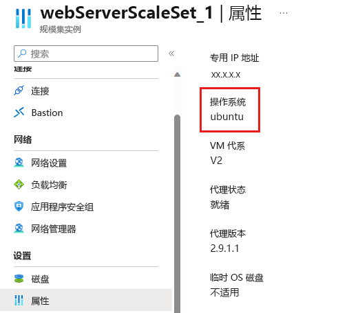 Azure 门户的屏幕截图，其中显示了该虚拟机规模集的操作系统。